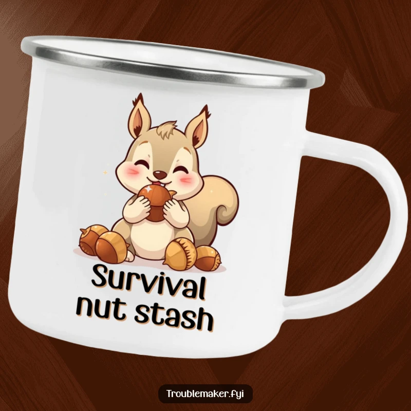 Funny camping mug with a spirited squirrel character stuffing its cheeks with sparkling acorns, perfect for trailside drinks.