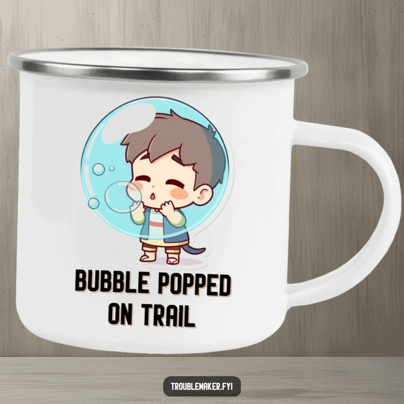 Funny troublemaker character blowing a giant bubble that's about to pop on a durable camping mug, perfect for outdoor adventures and chaotic fun.