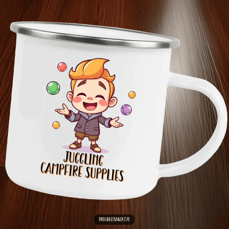 Funny troublemaker character joyfully juggling colorful marbles on a durable camping mug, perfect for outdoor adventures and colorful moments.