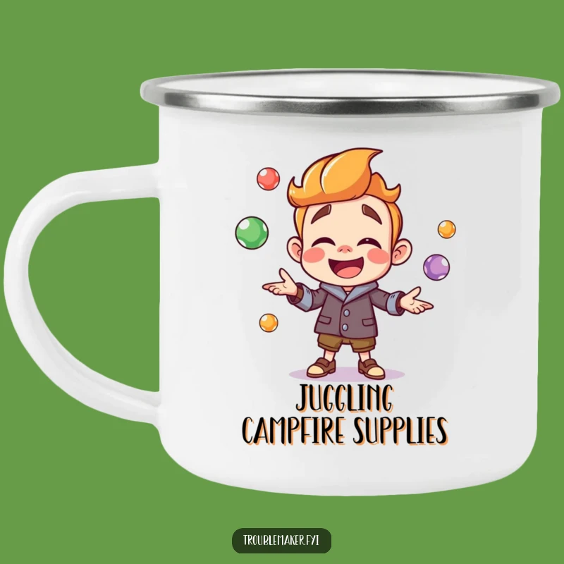 Funny Troublemaker Juggling Camping Mug: Adventure Fuel with Colors, Perfect Gift