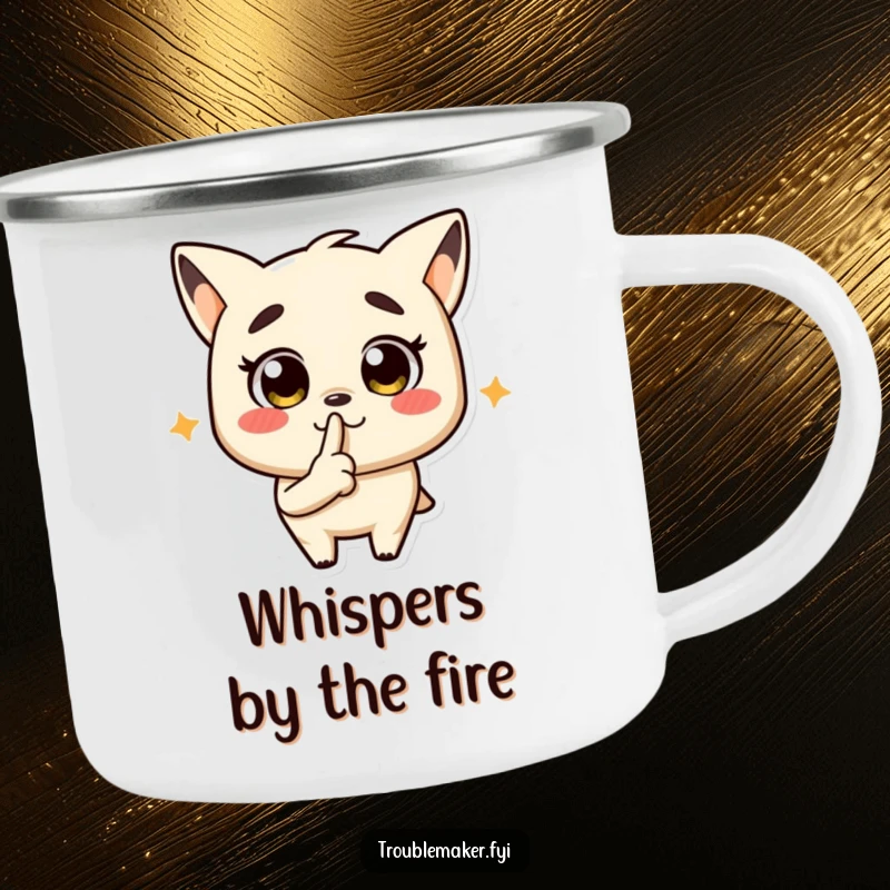 Funny camping mug featuring a troublemaker character doing a shushing gesture, perfect for outdoor secrets.