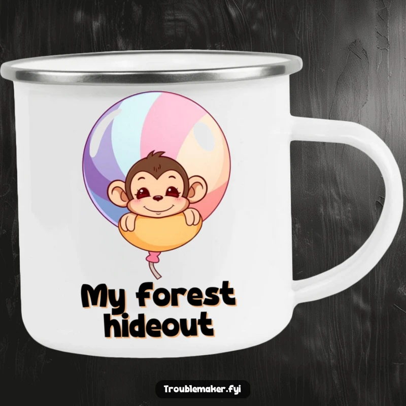 Funny camping mug showing a mischievous monkey peeking from behind a big, colorful balloon, perfect for outdoor fun.
