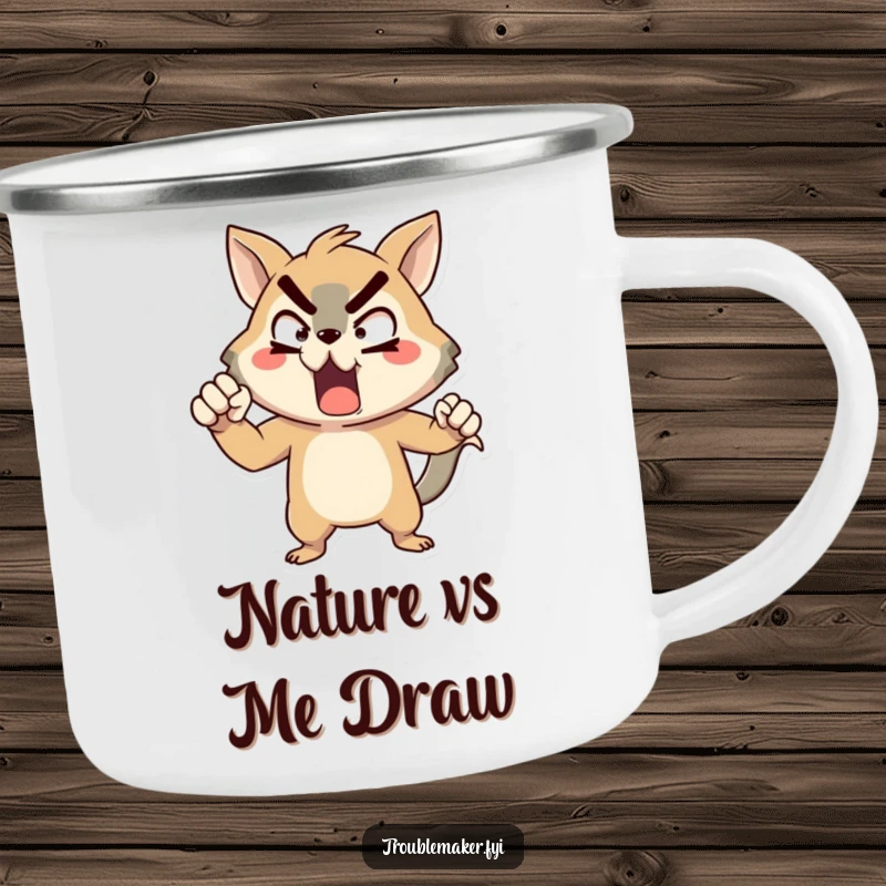 Funny animal character camping mug, striking an exaggerated pose of mock defiance, ready for humorous expeditions.