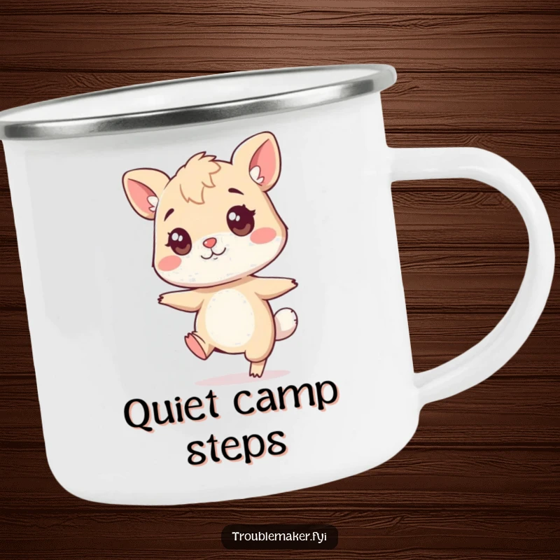 Funny sneaky animal camping mug, a character tiptoeing with a mischievous twinkle, perfect for outdoor drinks with humor.