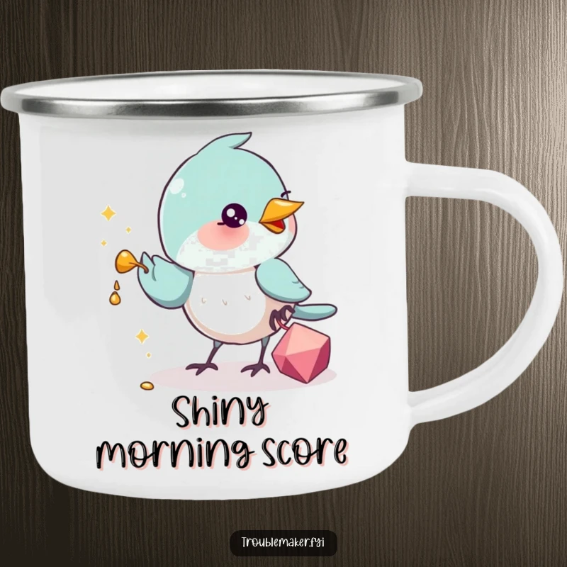 Funny Camping Mug illustration of a resourceful bird, pocketing a shiny trinket amidst a wilderness scene, embodying adventurous spirit and humor.