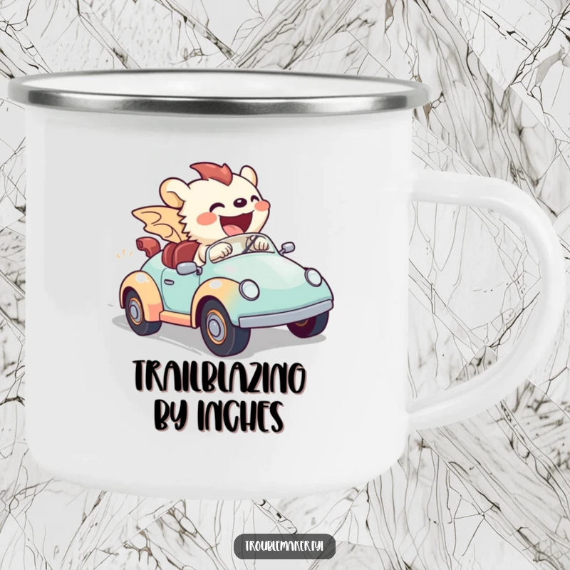 Funny camping mug illustrating a creature in a toy car at high speed, a humorous symbol of outdoor adventure and thrilling journeys.
