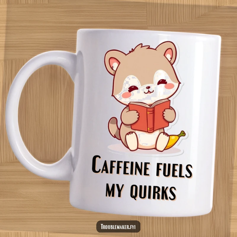 Funny animal character mug swapping a book with a banana, depicting a moment of playful, humorous exchange.