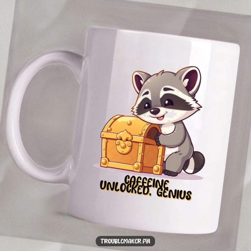 Funny raccoon mug featuring a cheeky raccoon attempting to pick the lock of a shiny treasure chest, embodying playful ambition.