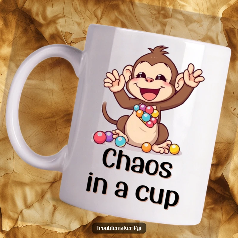 Funny mug showing a monkey character ecstatically shaking a bag overflowing with colorful marbles, embodying pure, chaotic joy.