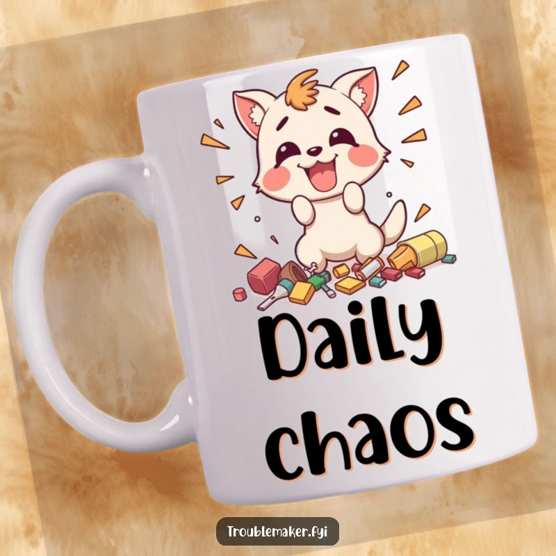 Funny mug showing a happy animal character enthusiastically making small, chaotic messes, embodying playful mischief.