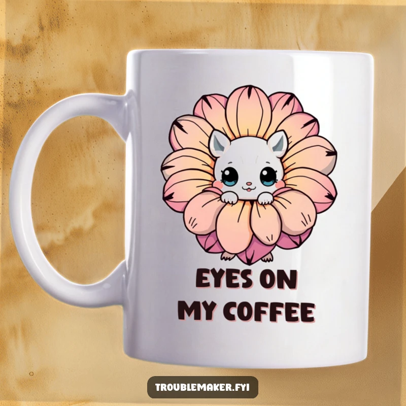 Funny mug showing a creature with big, expressive eyes peeking shyly from behind a large, vibrant, colorful flower.