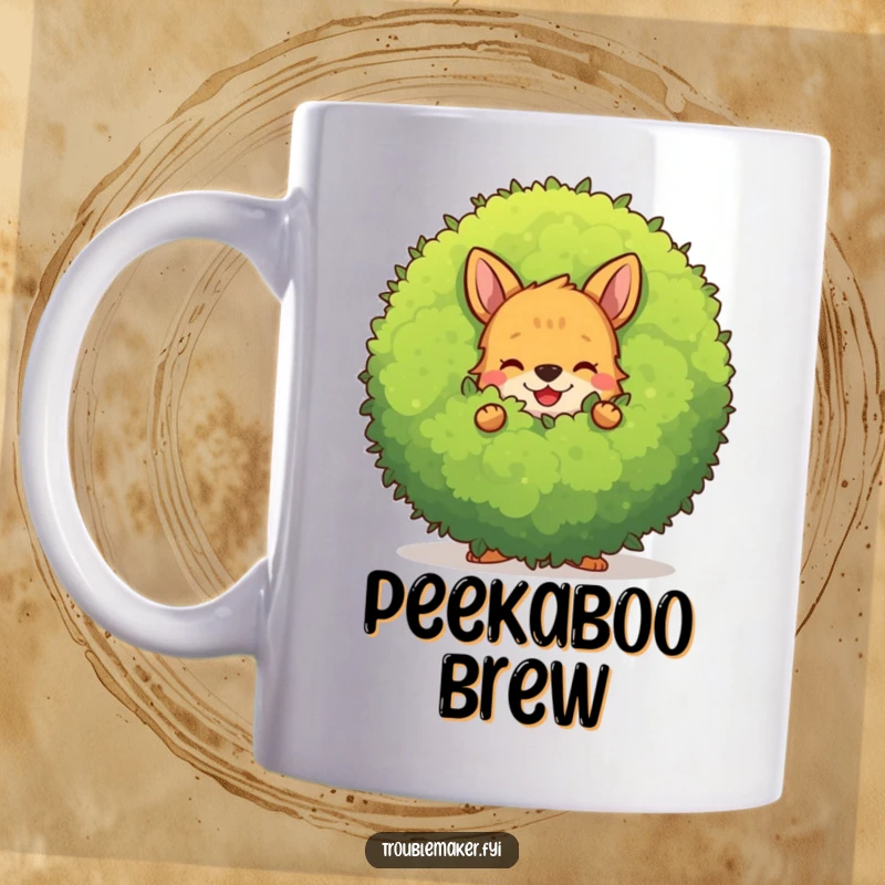 Funny mischievous animal character hiding behind a large, smiling bush, perfect for a funny mug.