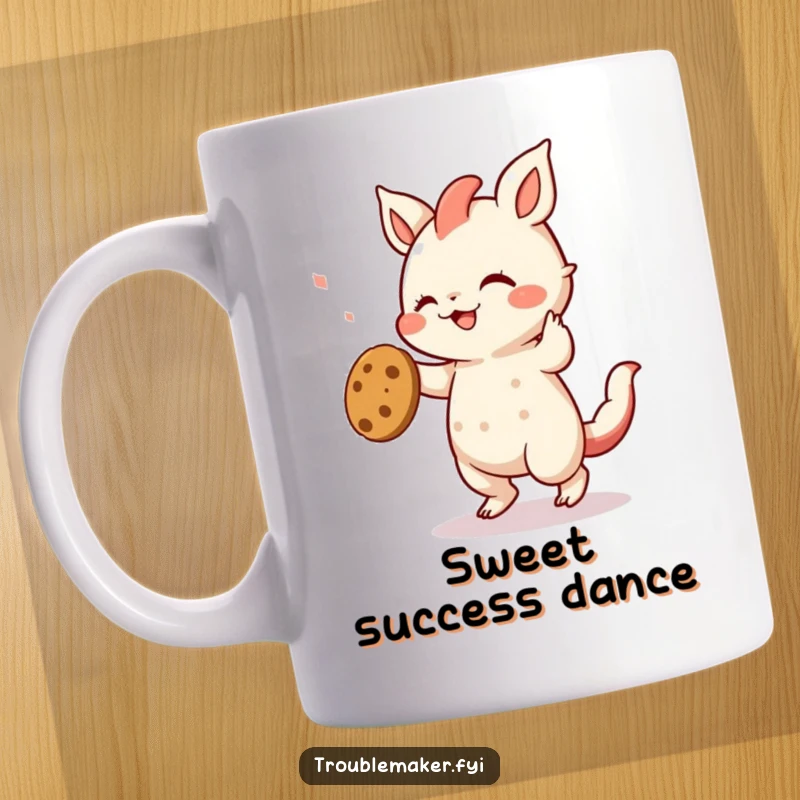 Funny mug of a creature doing a joyful, silly dance while holding a stolen cookie, embodying pure, unadulterated dessert-fueled happiness.