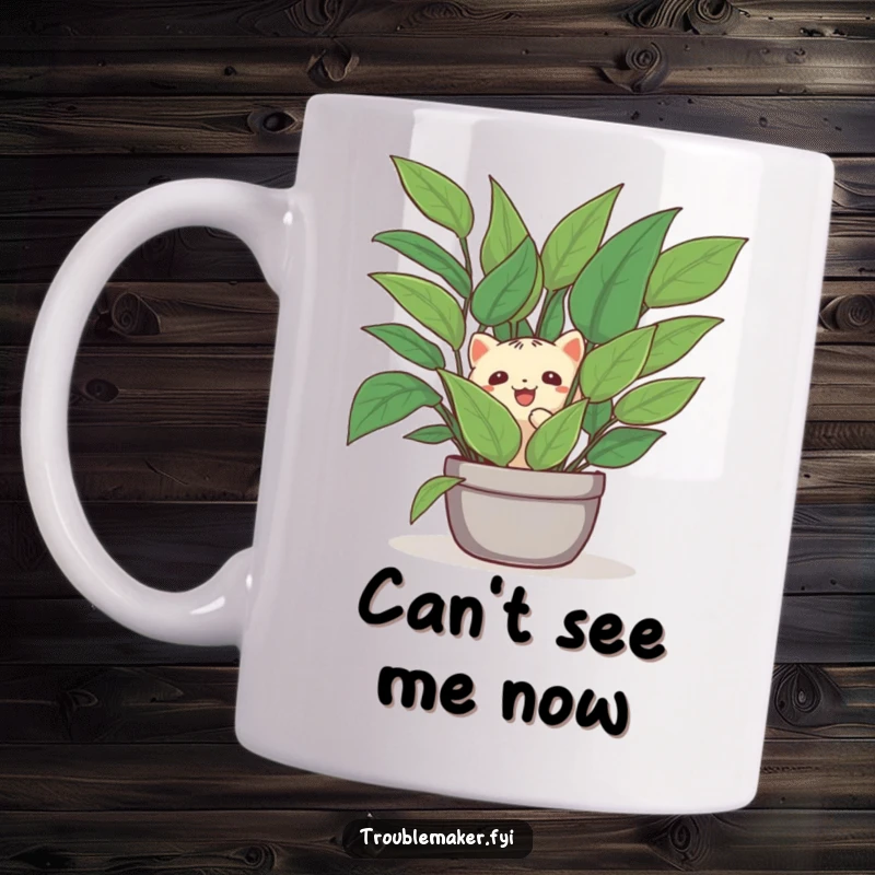 Funny mug of a creature playfully peeking from behind a large, lush houseplant, conveying shyness and a love for green spaces.