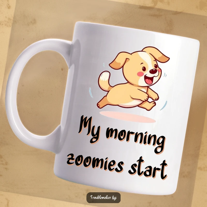 Funny dog mug featuring a playful dog happily chasing its own wagging tail in circles, embodying pure joy and silliness.