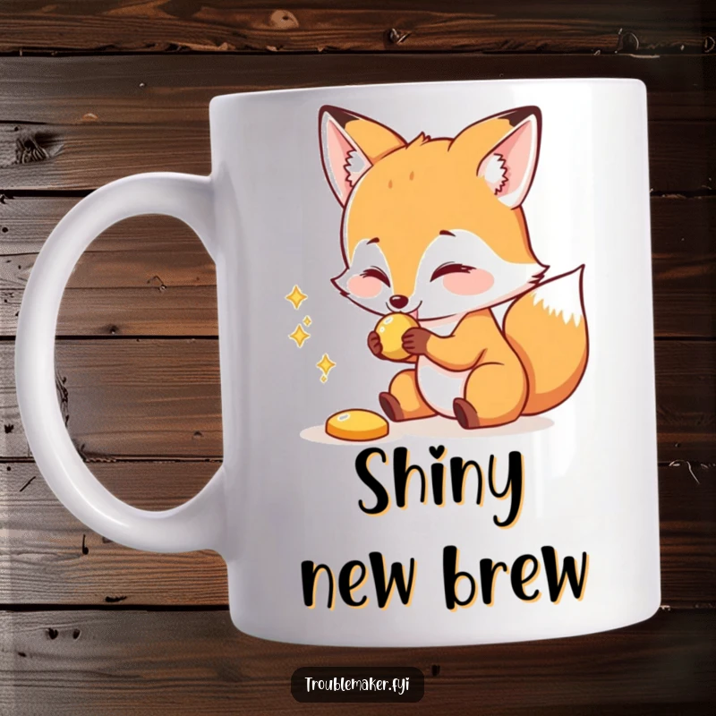 Funny mug featuring a sly fox with a mischievous glint, playfully snatching a sparkling shiny object, embodying cunning humor.
