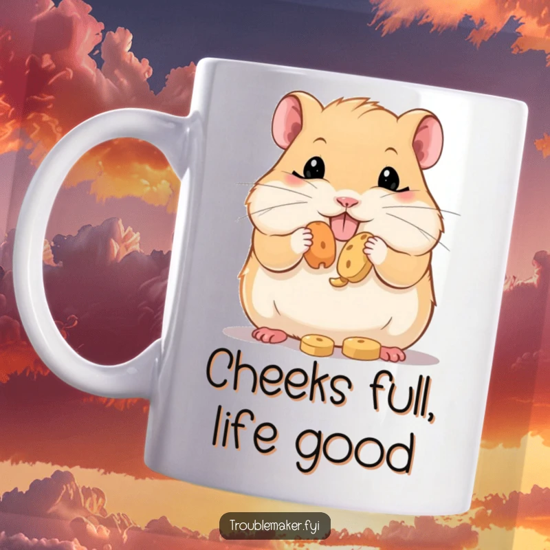 Funny Mug showing a plump hamster with overflowing cheeks, happily hoarding treats, embodying extreme cuteness and a love for snacks.