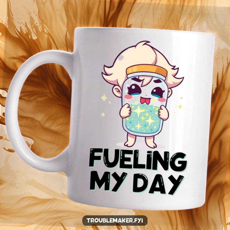 Funny Mug featuring a troublemaker character holding a jar filled with sparkling mischief, embodying playful fun and delightful chaos.