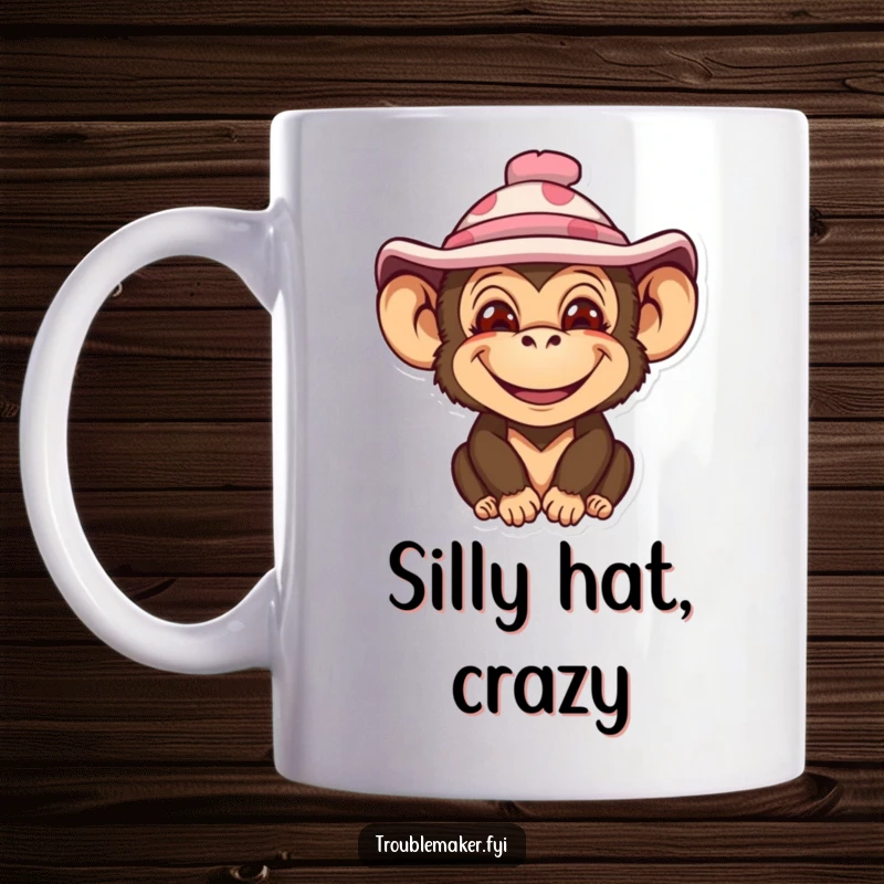Funny mug featuring a monkey with a wide, impish smile wearing a silly, colorful hat, radiating pure amusement.