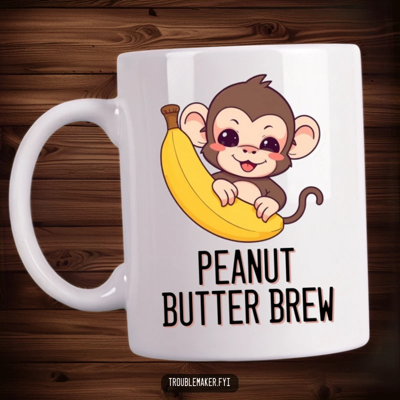Funny Mug: A cute troublemaker monkey peeks with playful mischief from behind a large banana.
