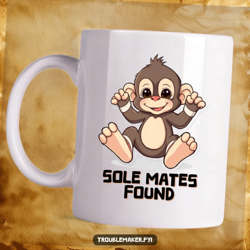 Funny mug showing a monkey character hilariously wearing mismatched, oversized socks, embodying playful fashion chaos.