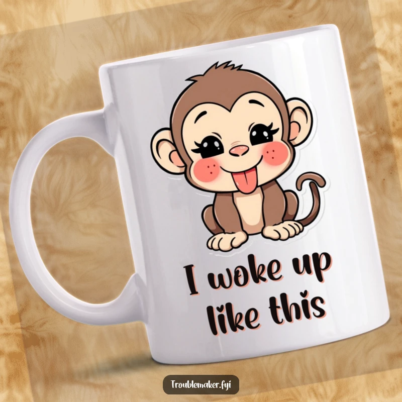 Funny monkey mug featuring a mischievous character sticking out its tongue with a playful wink, ideal for a humorous coffee break.