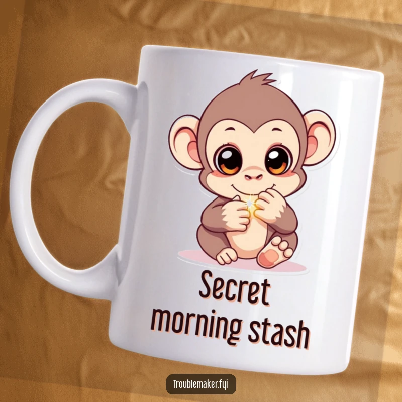 Funny mug showing a monkey character with wide, sparkling eyes, cunningly concealing a precious shiny object, embodying playful secrecy.