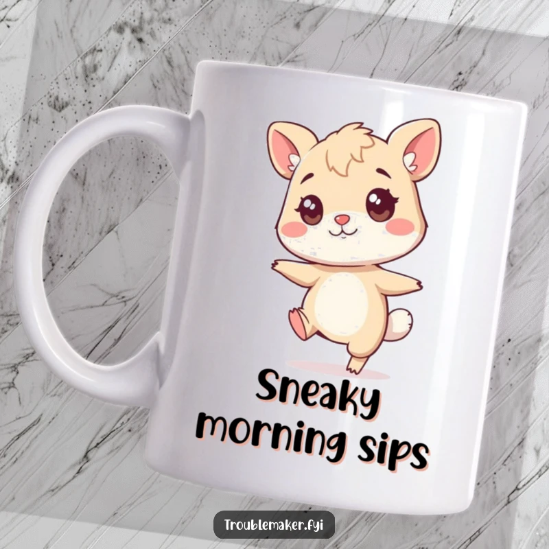 Funny sneaky animal mug, a character exaggeratedly tiptoeing with a mischievous twinkle in its eye, perfect for pranksters.