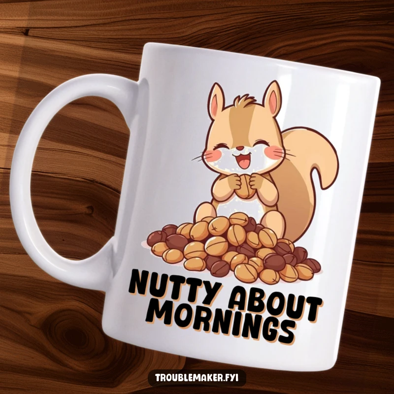 Funny mug with a cute squirrel gleefully guarding a large pile of nuts, symbolizing hoarding and abundance.