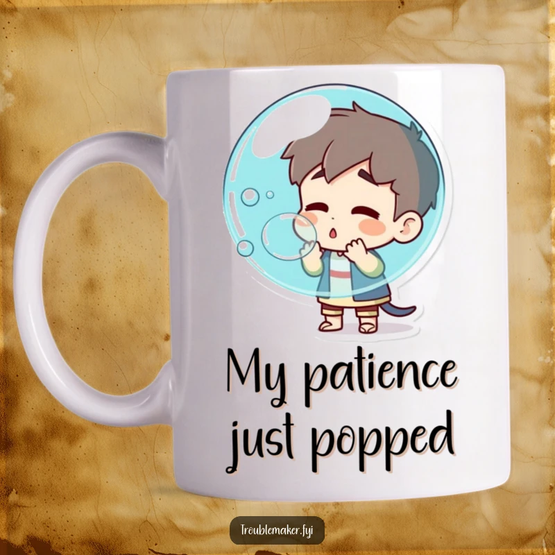 Funny troublemaker character blowing a giant, colorful bubble that is about to pop, depicted on a mug for explosive laughter.