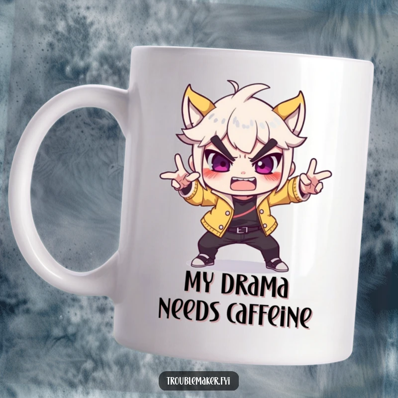 Funny troublemaker character striking a dramatic, over-the-top pose on a mug, expressing playful mischief and exaggerated flair.
