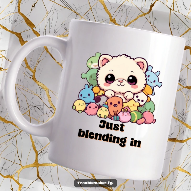 Funny mug featuring a cute fuzzy creature peeking out from a pile of colorful toys, evoking a sense of playful curiosity and joy.