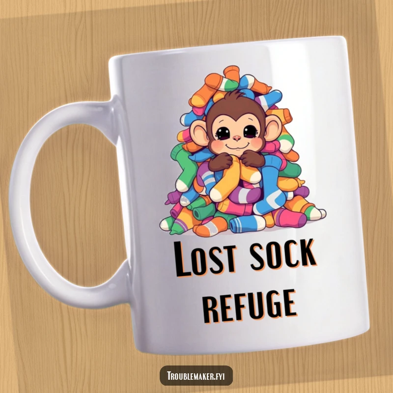 Funny monkey peeking from behind a large pile of colorful socks on a coffee mug.