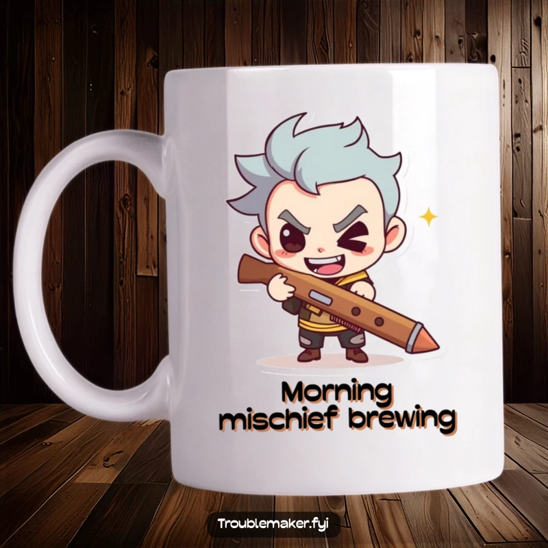 Funny mug shows a cute troublemaker with a mischievous grin holding a slingshot, radiating playful mischief.