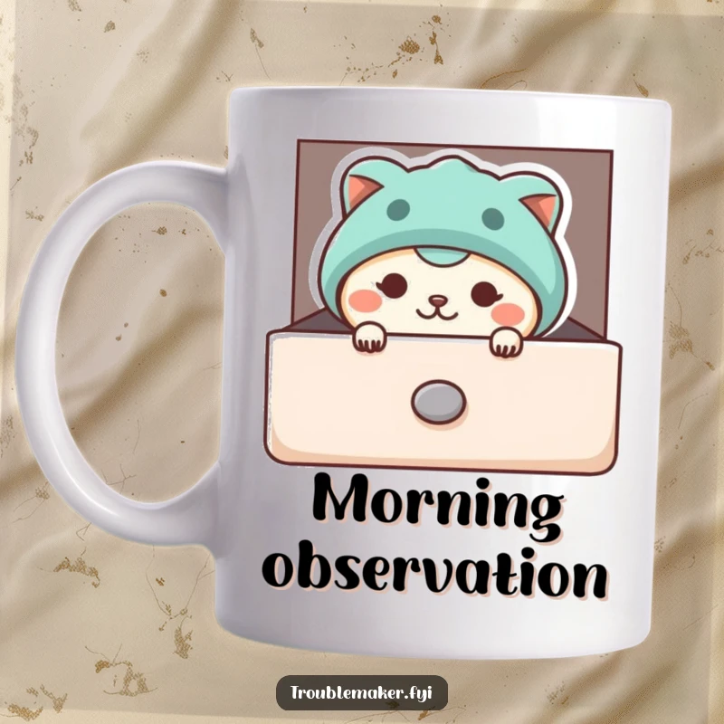 Funny mug with a curious animal character peeking mischievously from a slightly open drawer, conveying playful intrigue and humor.
