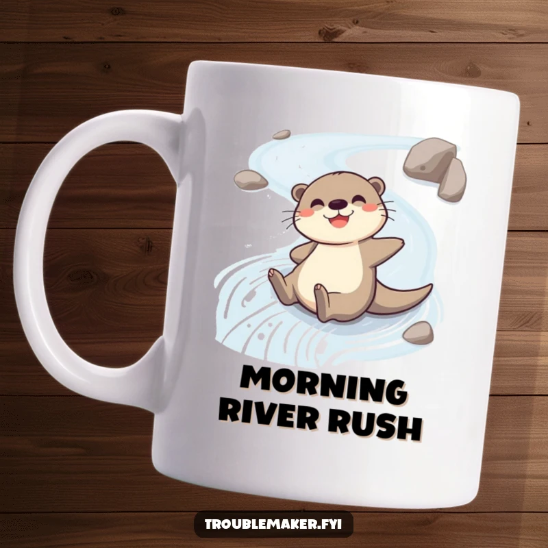Funny mug featuring a cheerful otter character gleefully sliding down a winding, slippery riverbank, radiating pure happiness.