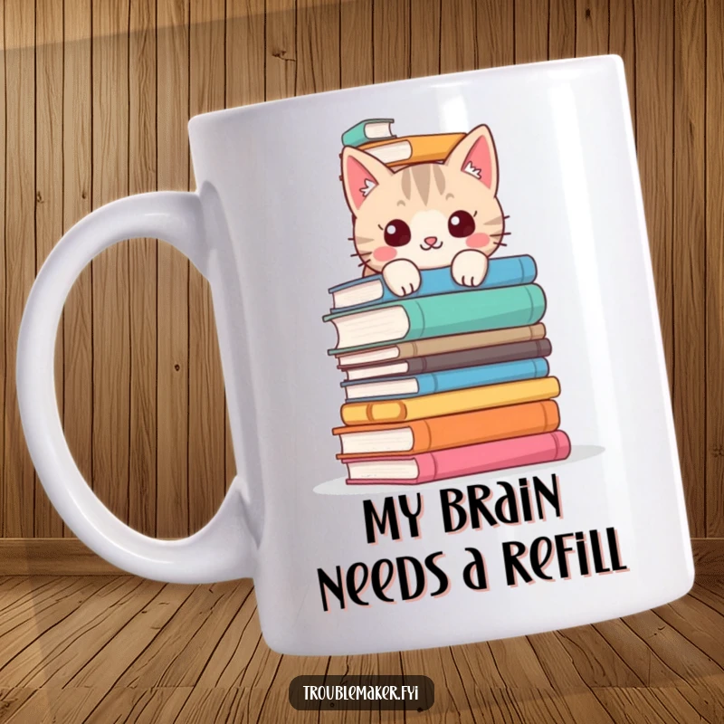 Funny cat mug with a mischievous feline peeking over a huge stack of books, embodying a love for reading and playful curiosity.