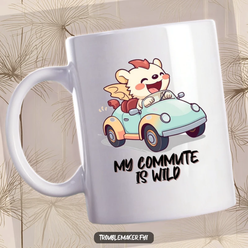 Funny mug of a creature joyfully zooming in a tiny toy car, embodying pure, unrestrained, and hilarious excitement.