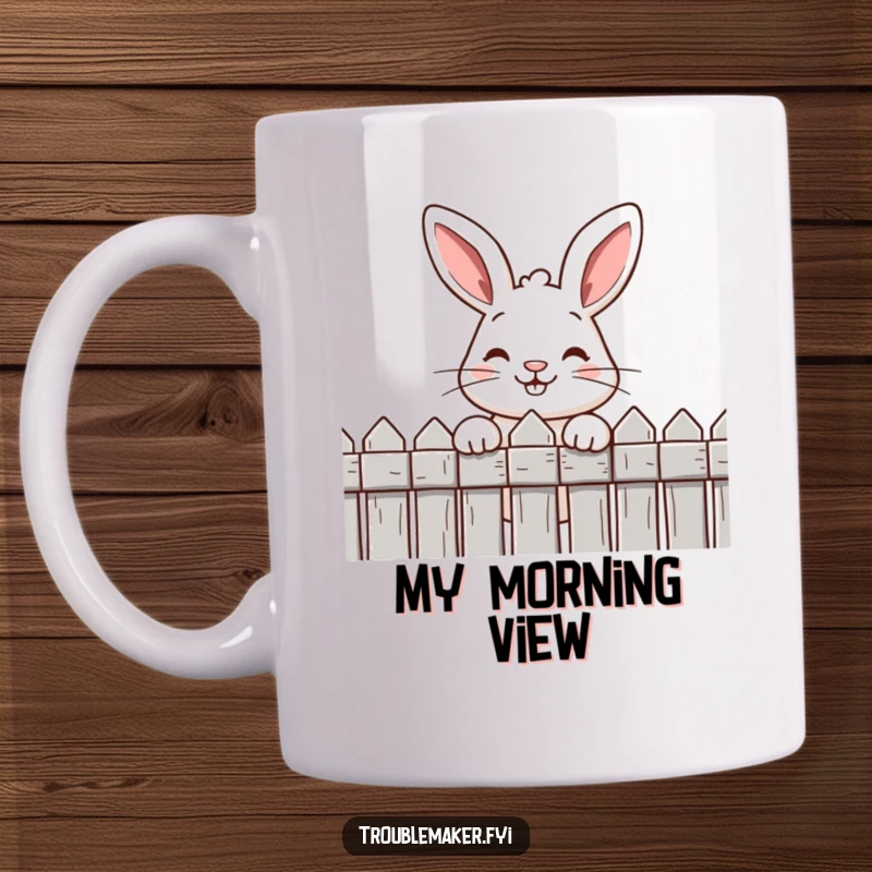 Funny mug featuring a mischievous rabbit with a wide, cheeky grin peeking over a rustic fence, radiating playful curiosity.