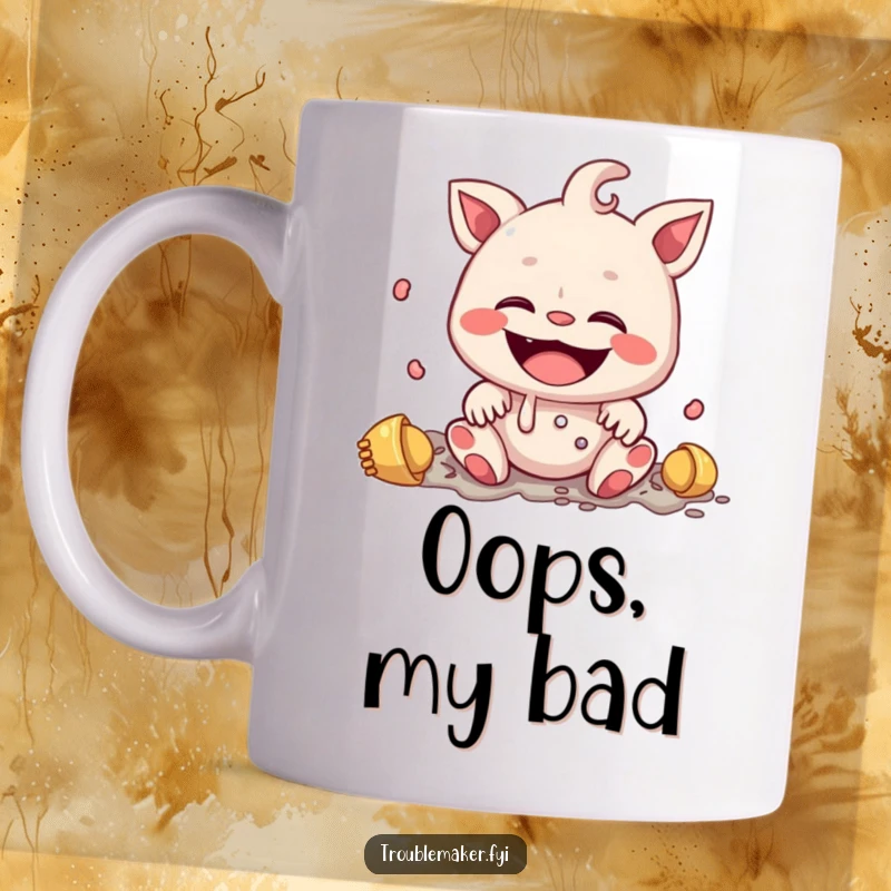 Funny mug showing a creature with a wide, innocent smile amidst a delightful mess, embodying adorable mischief and harmless chaos.