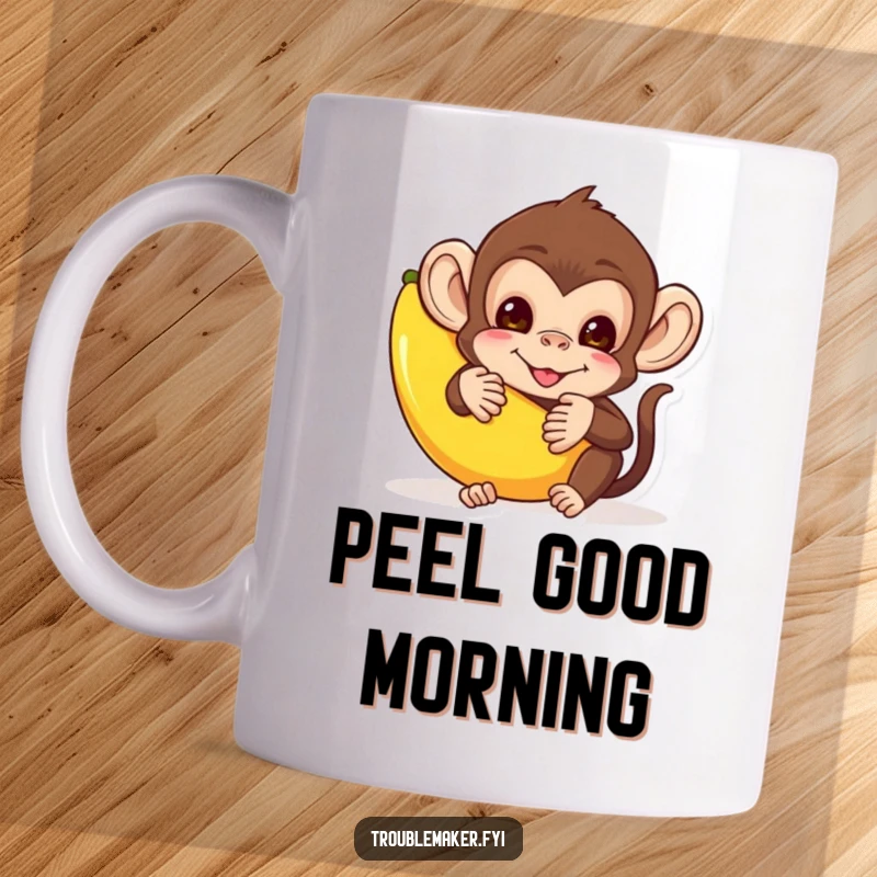 Funny mug with a mischievous monkey peeking from behind a large banana peel, embodying cheeky humor.