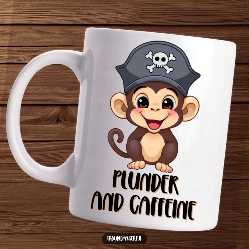 Funny pirate monkey wearing a tiny hat, looking mischievous and ready for treasure, on a coffee mug.