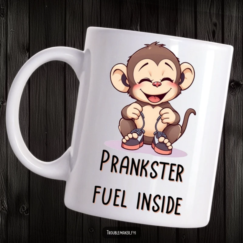 Funny mug with a mischievous monkey giggling while tying tiny shoelaces together, perfect for playful pranksters.