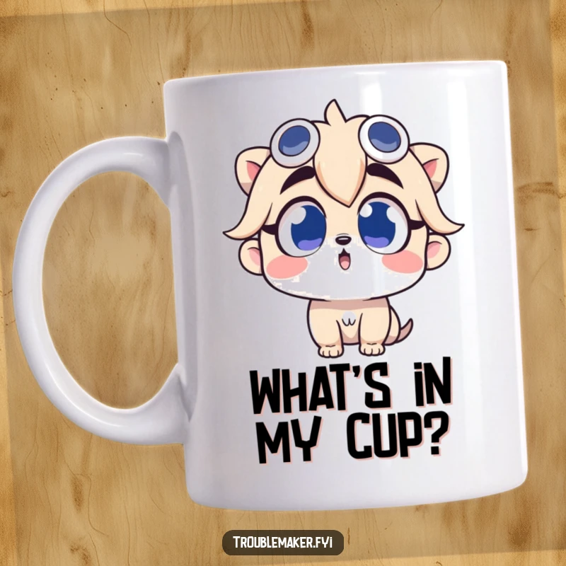 Funny mug design showing a troublemaker character looking up with wide, curious eyes, full of wonder.