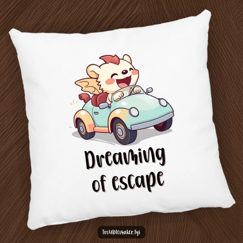 Funny pillow with a creature joyfully riding a toy car extremely fast, conveying a humorous sense of freedom and exhilarating speed.