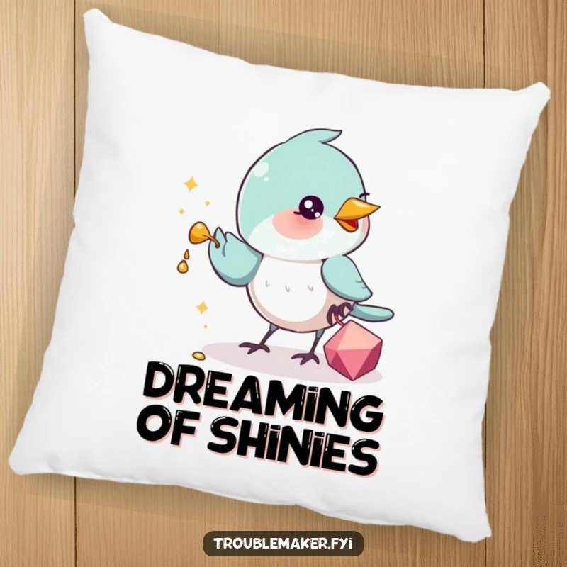 Funny Pillow design showcasing a charming bird victoriously holding a shiny trinket, adding a touch of playful larceny and cozy humor to any room.