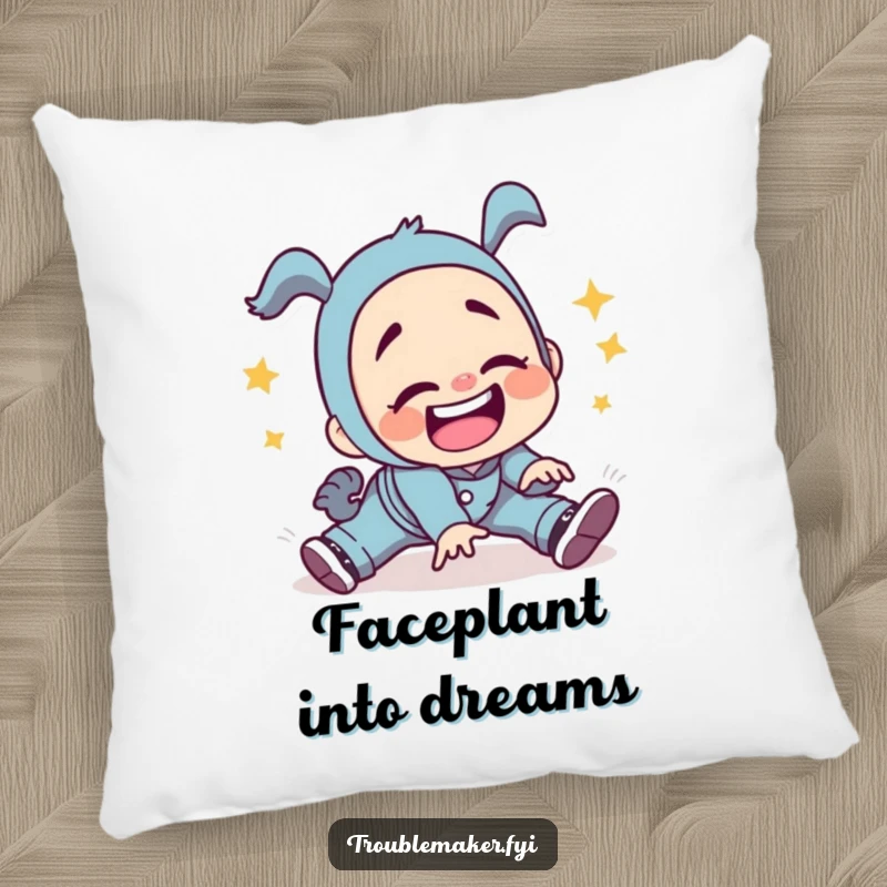 Funny troublemaker character in a comical trip, falling with a silly grin, featured on a soft pillow, adding humorous comfort to any space.