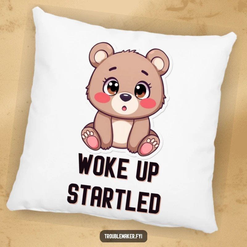 Funny Pillow design showcasing a small bear cub with enormous, expressive eyes, capturing a memorable moment of innocent surprise and humor.