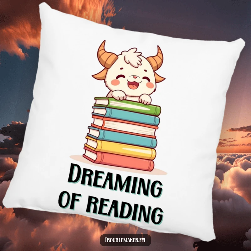 Funny throw pillow featuring a playful horned creature struggling to balance a stack of books, ideal for cozy readers.