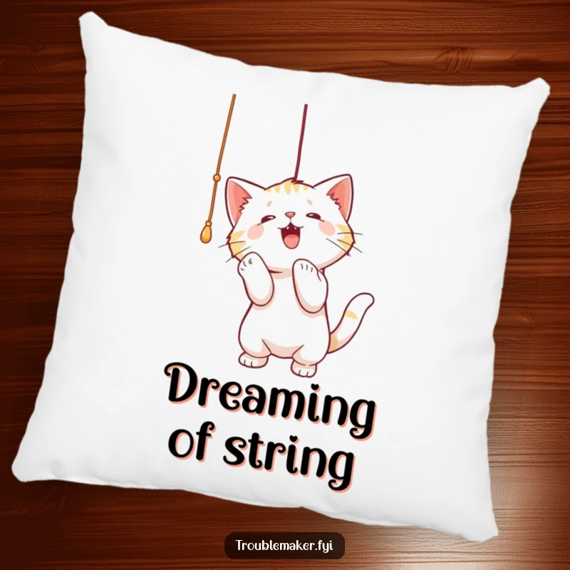 Funny decorative pillow with a cat playfully batting at a dangling string, designed to add comfort and feline humor.
